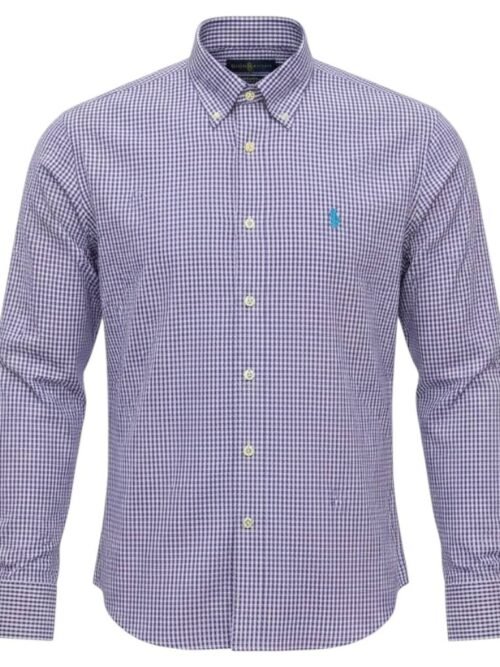 Camisa Ralph Lauren Masculina Micro Xadrez Lavanda Pony Azul Celeste