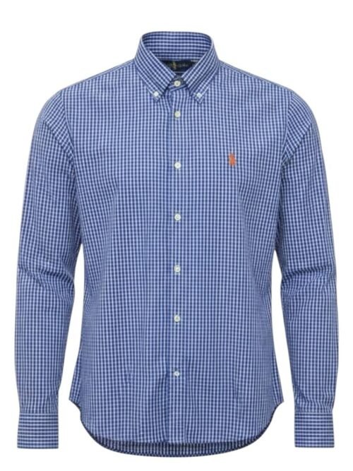 Camisa Ralph Lauren Masculina Xadrez Azul Pony Laranja