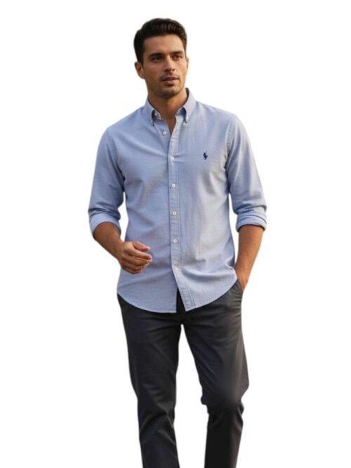 Camisa Ralph Lauren Masculina Oxford Clássico Azul Cinzento Pony Azul