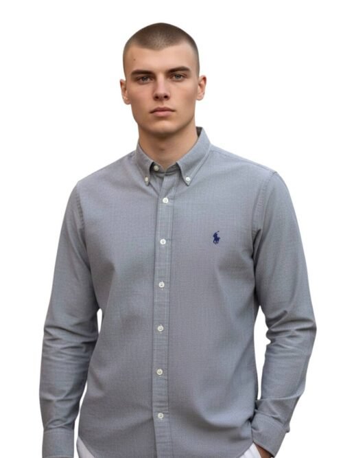Camisa Ralph Lauren Masculina Oxford Clássico Cinza Pony Preto