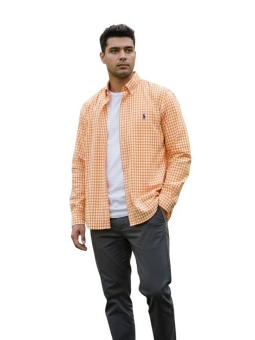 Camisa Ralph Lauren Masculina Xadrez Laranja Pony Roxo