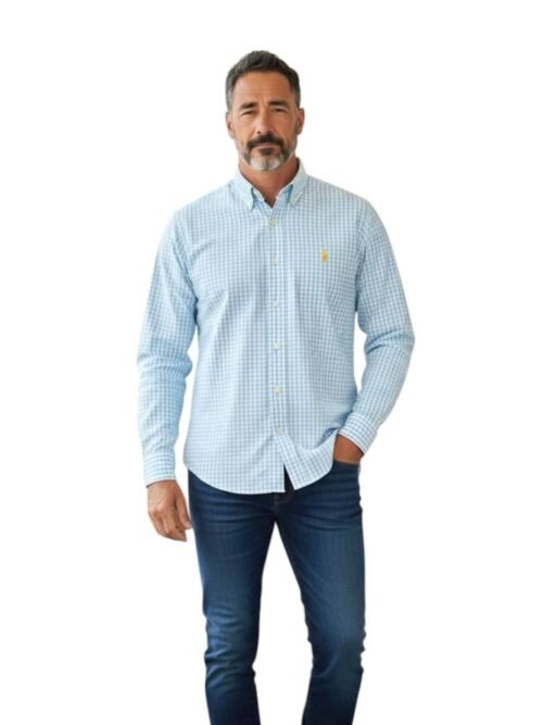 Camisa Ralph Lauren Masculina Xadrez Azul Bebê Pony Amarelo