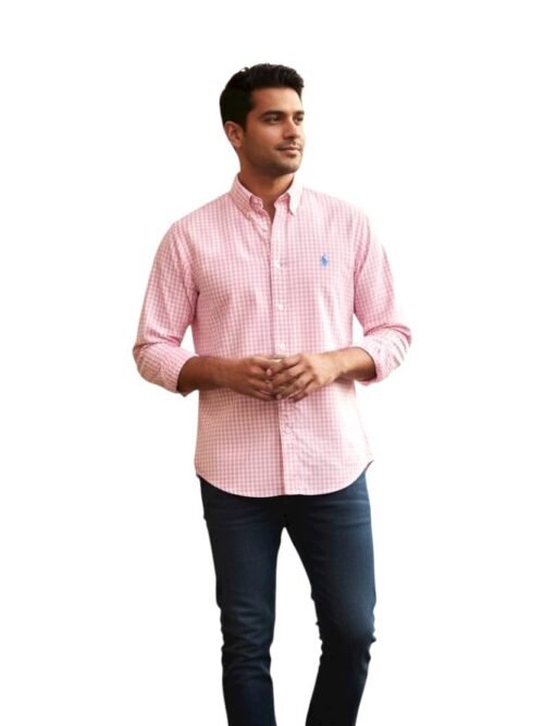 Camisa Ralph Lauren Masculina Xadrez Rosa Pony Azul Bebê