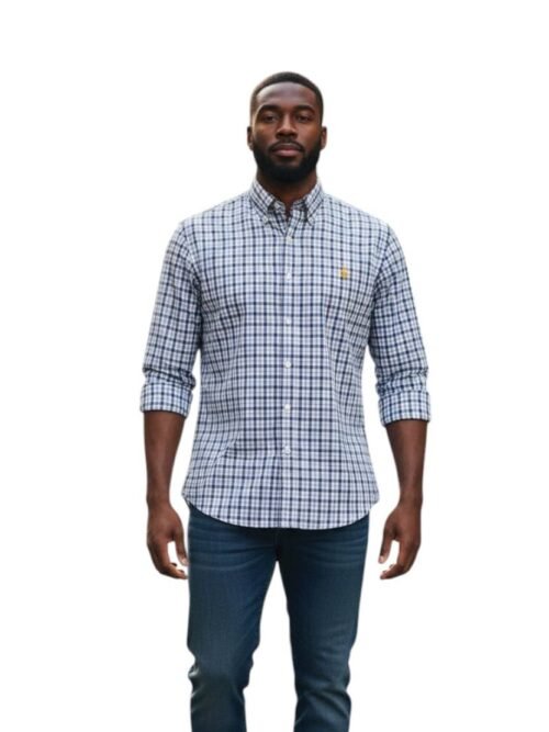 Camisa Ralph Lauren Masculina Xadrez Azul e Branco Pony Dourado