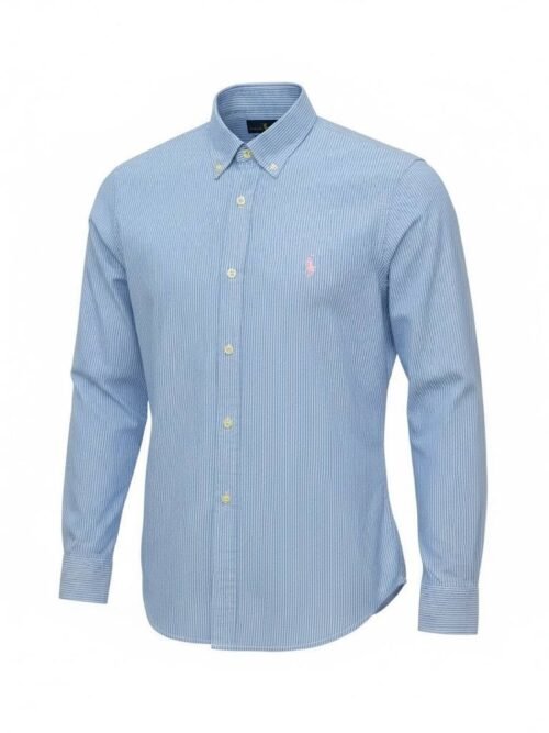 Camisa Ralph Lauren Masculina Azul Bebê Listras Minimalista Pony Rosa
