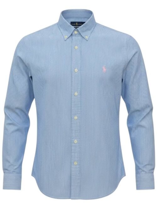 Camisa Ralph Lauren Masculina Azul Bebê Listras Minimalista Pony Rosa