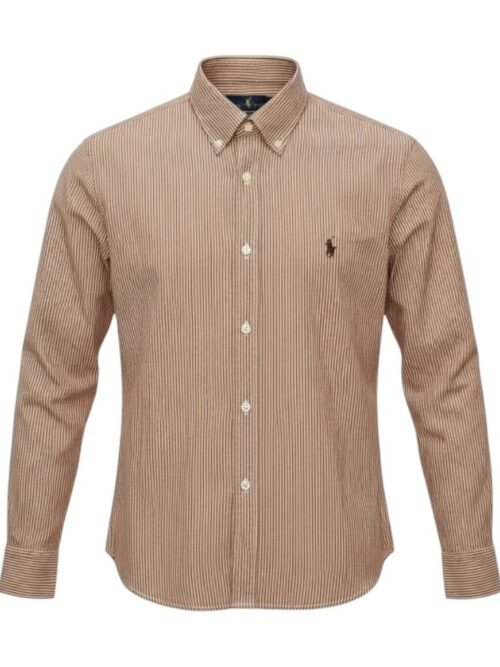 Camisa Ralph Lauren Masculina Marrom Listras Minimalista Pony Chocolate