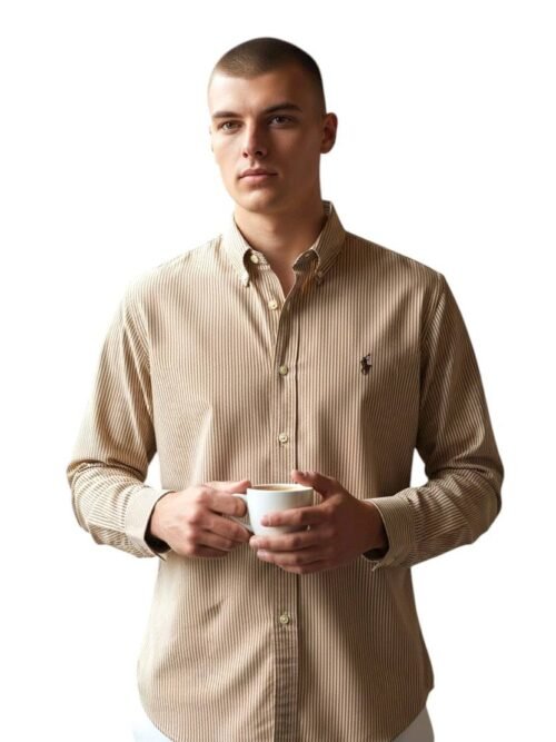 Camisa Ralph Lauren Masculina Marrom Listras Minimalista Pony Chocolate