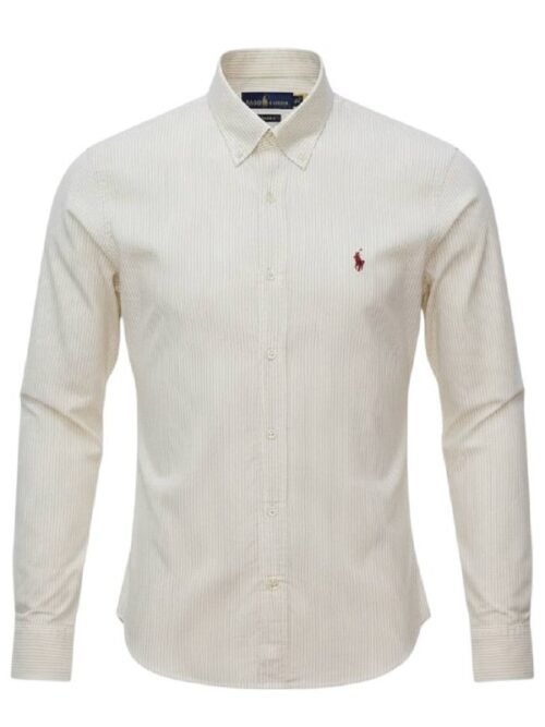 Camisa Ralph Lauren Masculina Creme Listras Executiva Pony Bordô