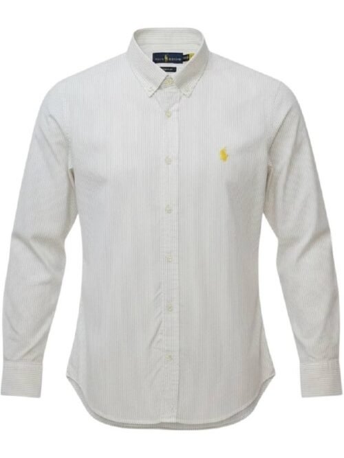 Camisa Ralph Lauren Masculina Branca Listras Executiva Pony Amarelo