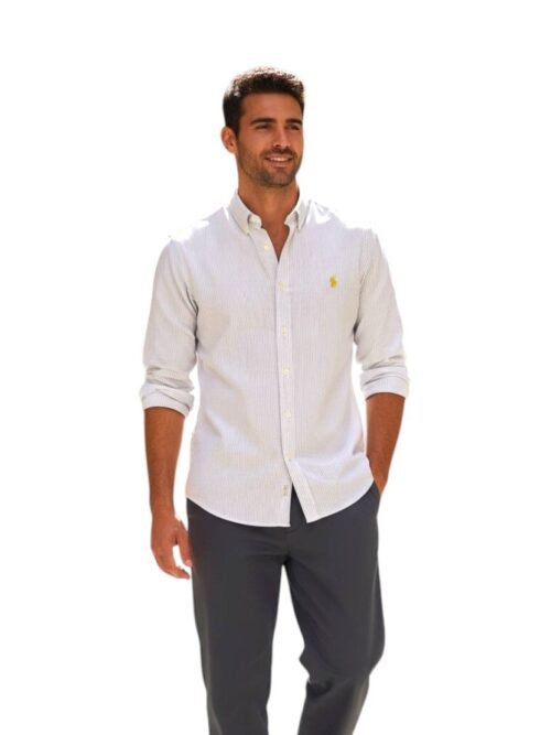 Camisa Ralph Lauren Masculina Branca Listras Executiva Pony Amarelo