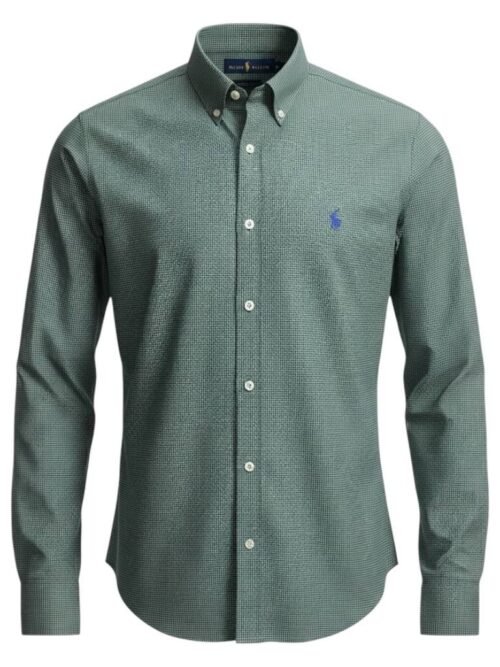 Camisa Ralph Lauren Masculina Micro Xadrez Executivo Verde Pony Azul