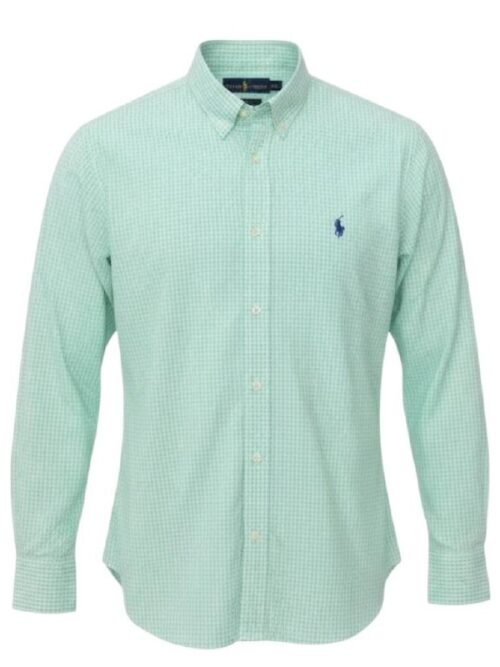 Camisa Ralph Lauren Masculina Micro Xadrez Verde Água Pony Azul