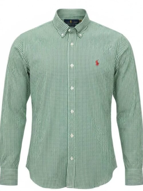 Camisa Ralph Lauren Masculina Micro Xadrez Verde Pony Vermelho