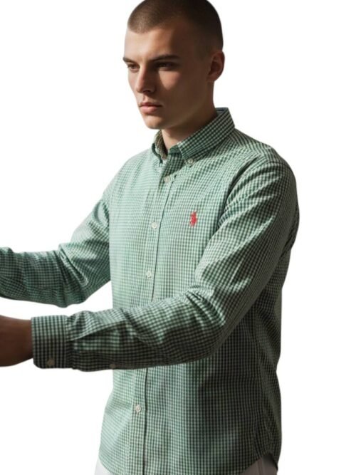 Camisa Ralph Lauren Masculina Micro Xadrez Verde Pony Vermelho