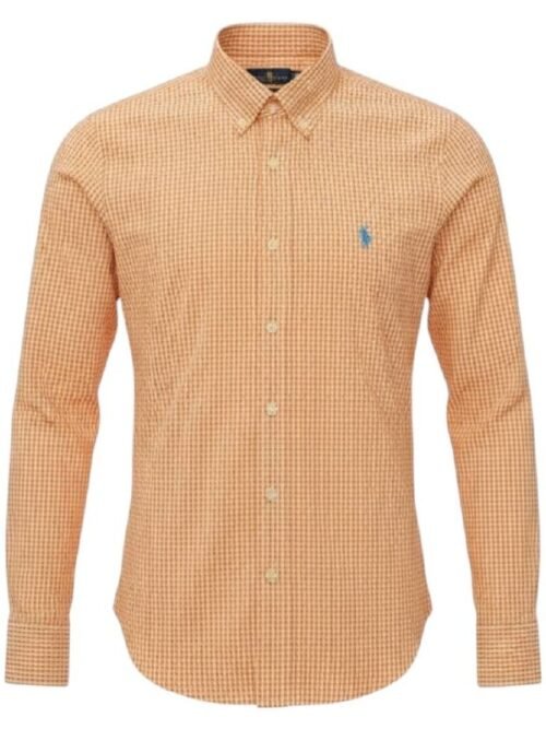 Camisa Ralph Lauren Masculina Micro Xadrez Laranja Pony Azul Celeste