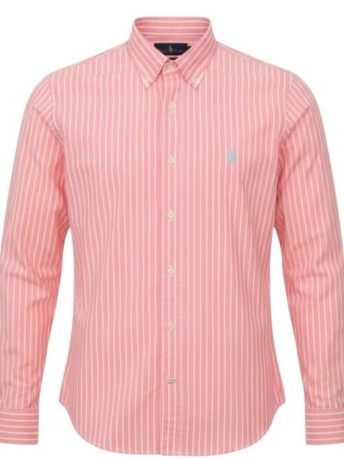 Camisa Ralph Lauren Masculina Rosa Listras Europa Pony Azul Gelo