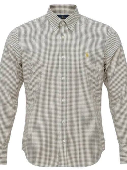 Camisa Ralph Lauren Masculina Micro Xadrez Palha Pony Ouro