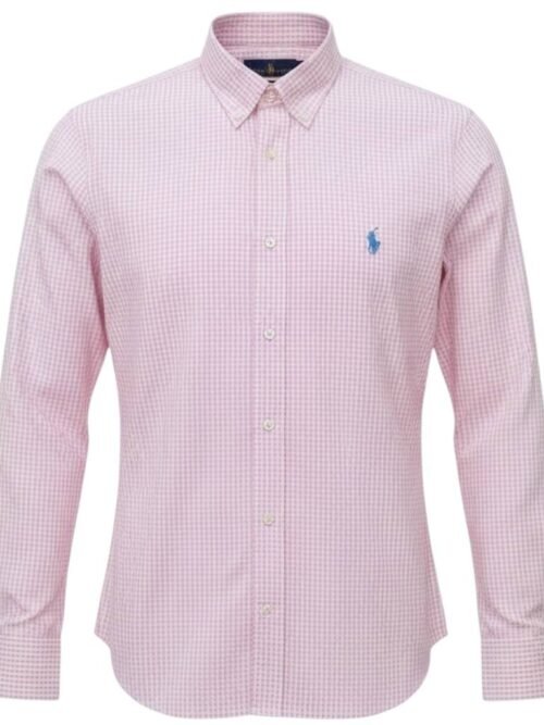 Camisa Ralph Lauren Masculina Micro Xadrez Rosa Pony Azul Bebê