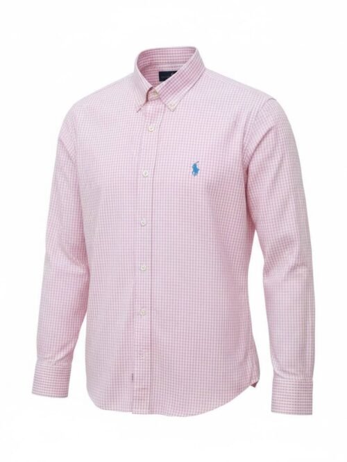 Camisa Ralph Lauren Masculina Micro Xadrez Rosa Pony Azul Bebê