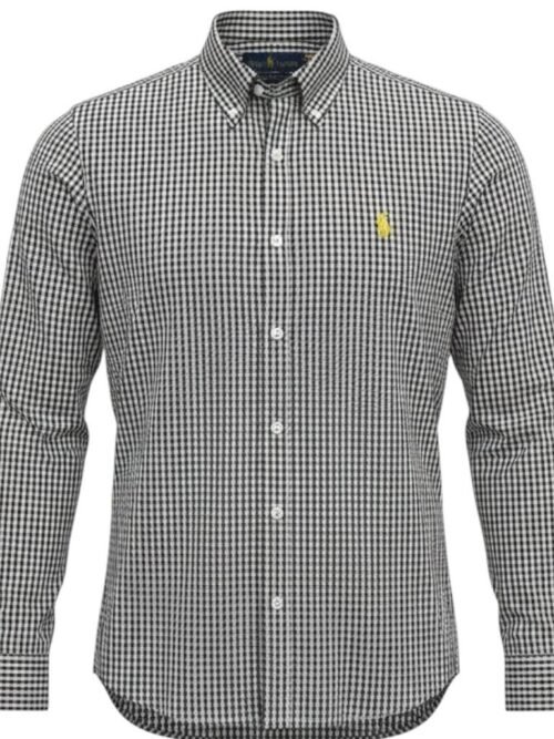 Camisa Ralph Lauren Masculina Micro Xadrez Preto Pony Amarelo