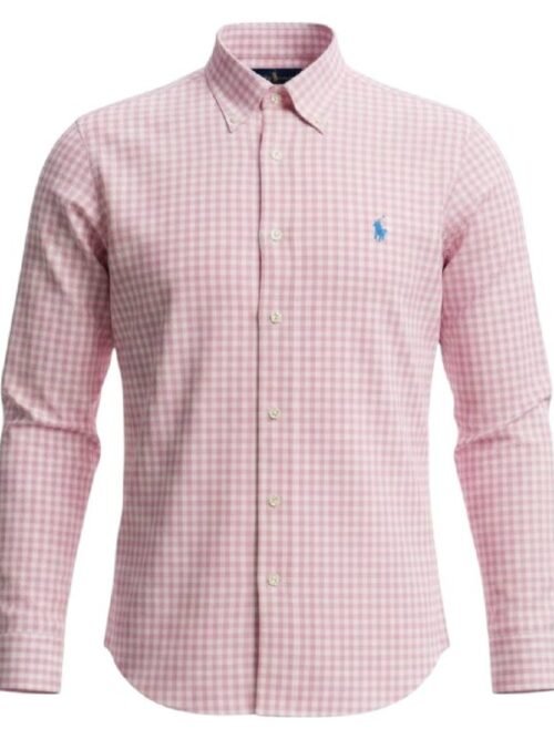 Camisa Ralph Lauren Masculina Xadrez Rosa Pony Azul Bebê