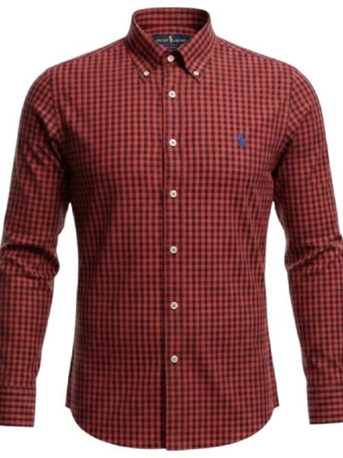 Camisa Ralph Lauren Masculina Xadrez Vermelho Sangue Pony Azul