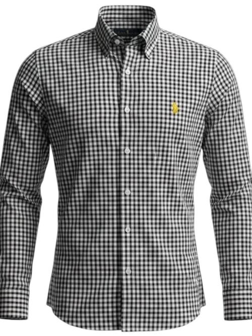 Camisa Ralph Lauren Masculina Xadrez Preto Pony Amarelo