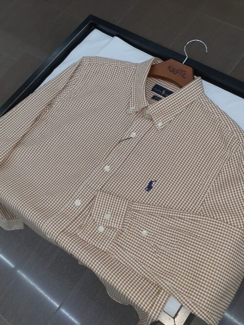 Camisa Ralph Lauren Masculina Oxford Micro Xadrez Clássico Marrom Pony Marinho