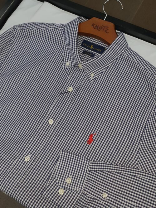 Camisa Ralph Lauren Masculina Oxford Micro Xadrez Clássico Marinho Pony Vermelho