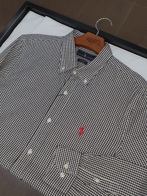 Camisa Ralph Lauren Masculina Oxford Micro Xadrez Clássico Preta Pony Vermelho