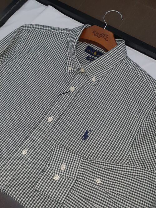 Camisa Ralph Lauren Masculina Oxford Micro Xadrez Clássico Verde Pony Marinho