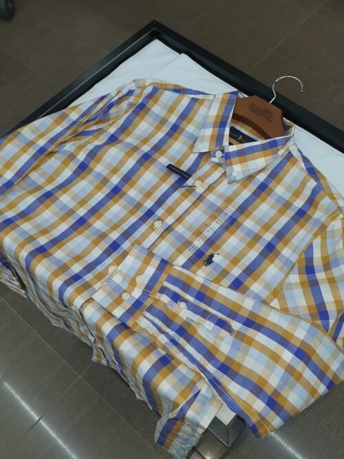 Camisa Ralph Lauren Masculina Xadrez Caramelo Pony Marinho