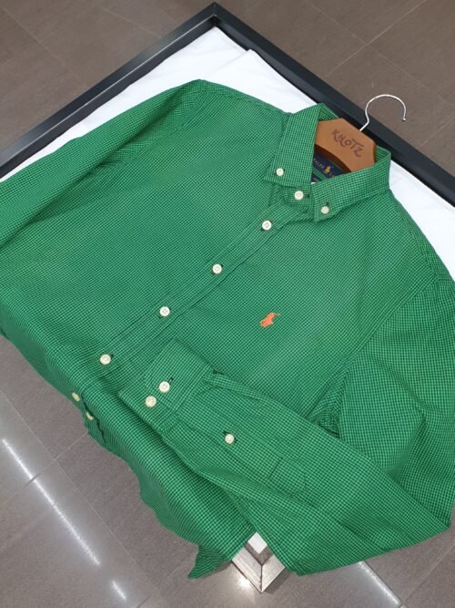 Camisa Ralph Lauren Masculina Micro Xadrez Verde Esmeralda Pony Laranja