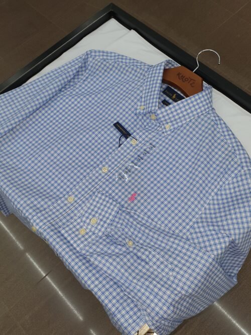 Camisa Ralph Lauren Masculina Xadrez Azul Oceano Pony Rosa