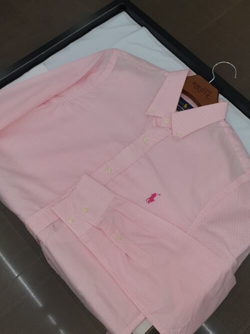 Camisa Ralph Lauren Masculina Micro Xadrez Rosa Pony Cereja