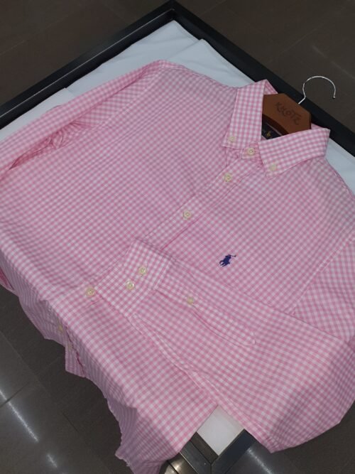 Camisa Ralph Lauren Masculina Xadrez Rosa Minimalista Pony Marinho