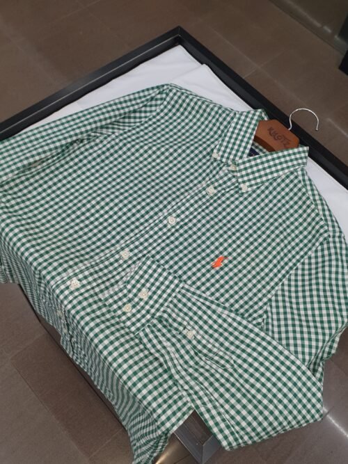 Camisa Ralph Lauren Masculina Xadrez Verde Pony Laranja