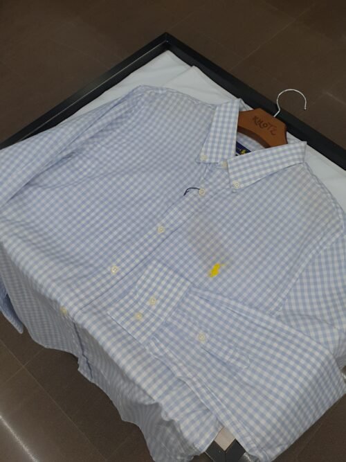 Camisa Ralph Lauren Masculina Xadrez Azul Piscina Pony Amarelo