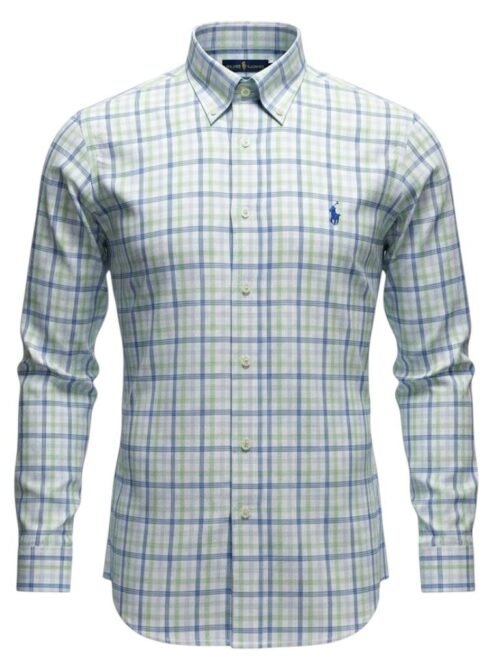 Camisa Ralph Lauren Masculina Xadrez Verde com Listras Pony Azul