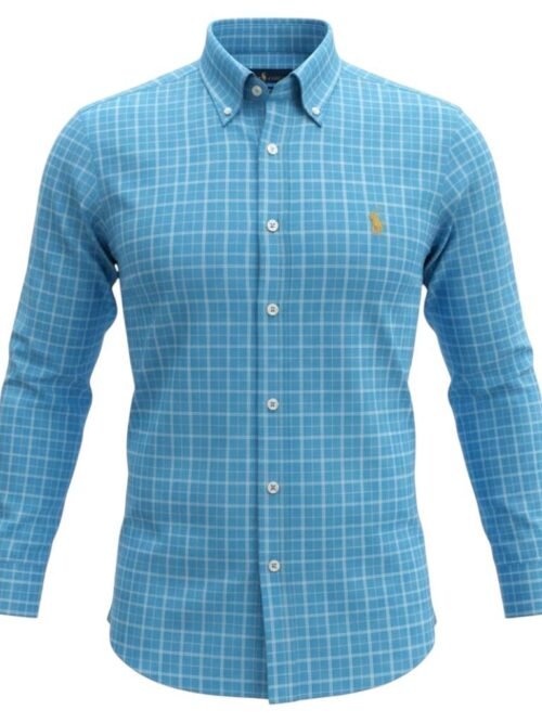 Camisa Ralph Lauren Masculina Xadrez Azul Listrado Pony Dourado