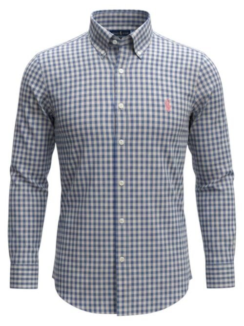 Camisa Ralph Lauren Masculina Xadrez Cimento Pony Rosa