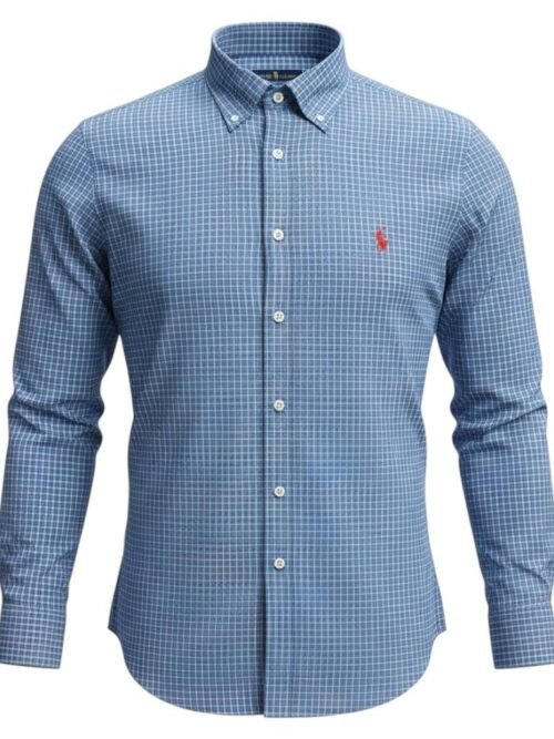 Camisa Ralph Lauren Masculina Xadrez Azul Executivo Pony Vermelho
