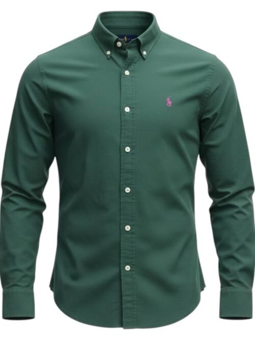 Camisa Ralph Lauren Masculina Oxford Tinturado Verde Floresta Pony Roxo