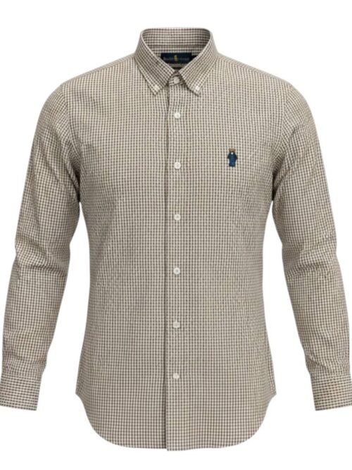 Camisa Ralph Lauren Masculina Oxford Micro Xadrez Clássico Marrom Urso Americano