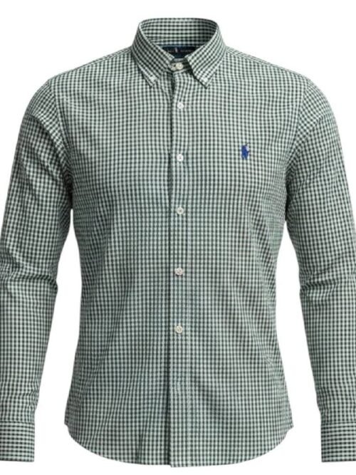 Camisa Ralph Lauren Masculina Oxford Micro Xadrez Clássico Verde Pony Marinho