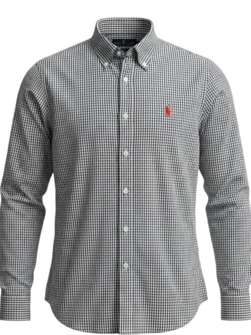 Camisa Ralph Lauren Masculina Oxford Micro Xadrez Clássico Preta Pony Vermelho