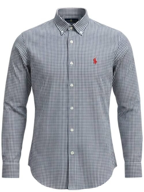 Camisa Ralph Lauren Masculina Oxford Micro Xadrez Clássico Marinho Pony Vermelho