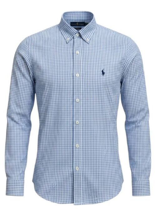 Camisa Ralph Lauren Masculina Oxford Micro Xadrez Clássico Azul Bebê Pony Marinho