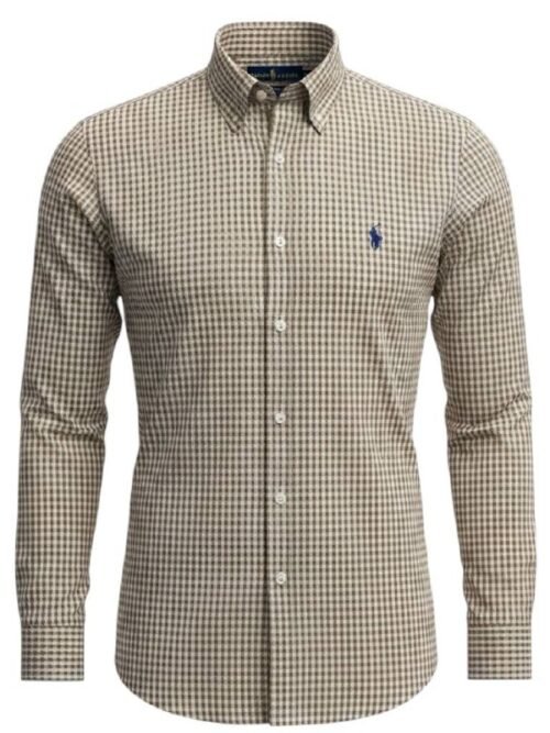 Camisa Ralph Lauren Masculina Oxford Micro Xadrez Clássico Marrom Pony Marinho